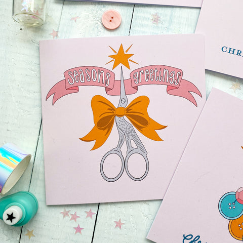 Seasons Greetings Stork Scissors Bow Card